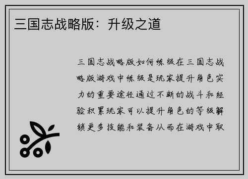 三国志战略版：升级之道